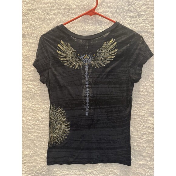 Express Y2K Black Gold Baby Tee Punk Goth Grunge Medium Sheer Inscription Vtg - Picture 6 of 7